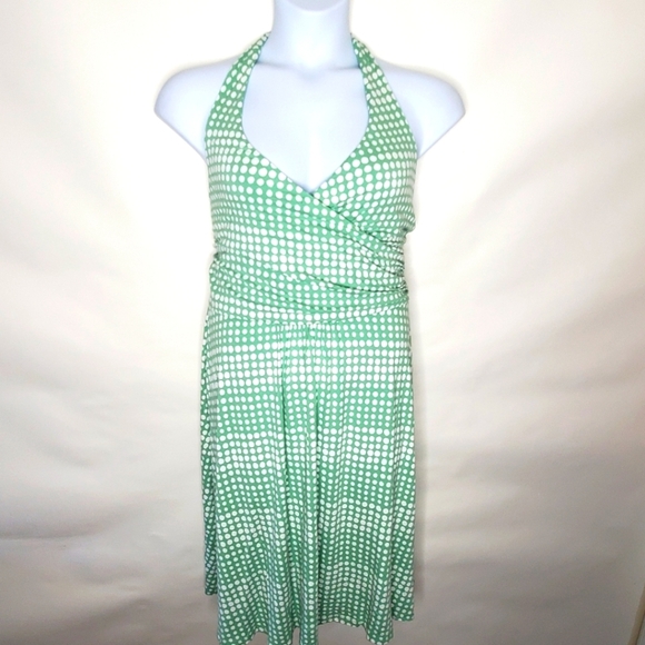 Boden Halter Neck Midi Dress Size 14 Polka Dot Green and White Stretch Viscose - Picture 14 of 15